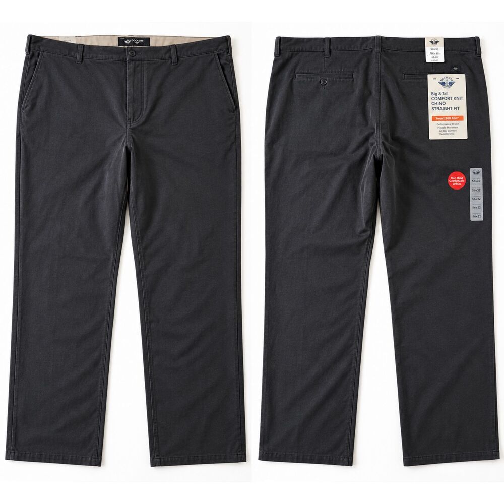 Dockers Mens 56x32 Big Tall Comfort Knit Chino Pants Charcoal Gray Straight NWT